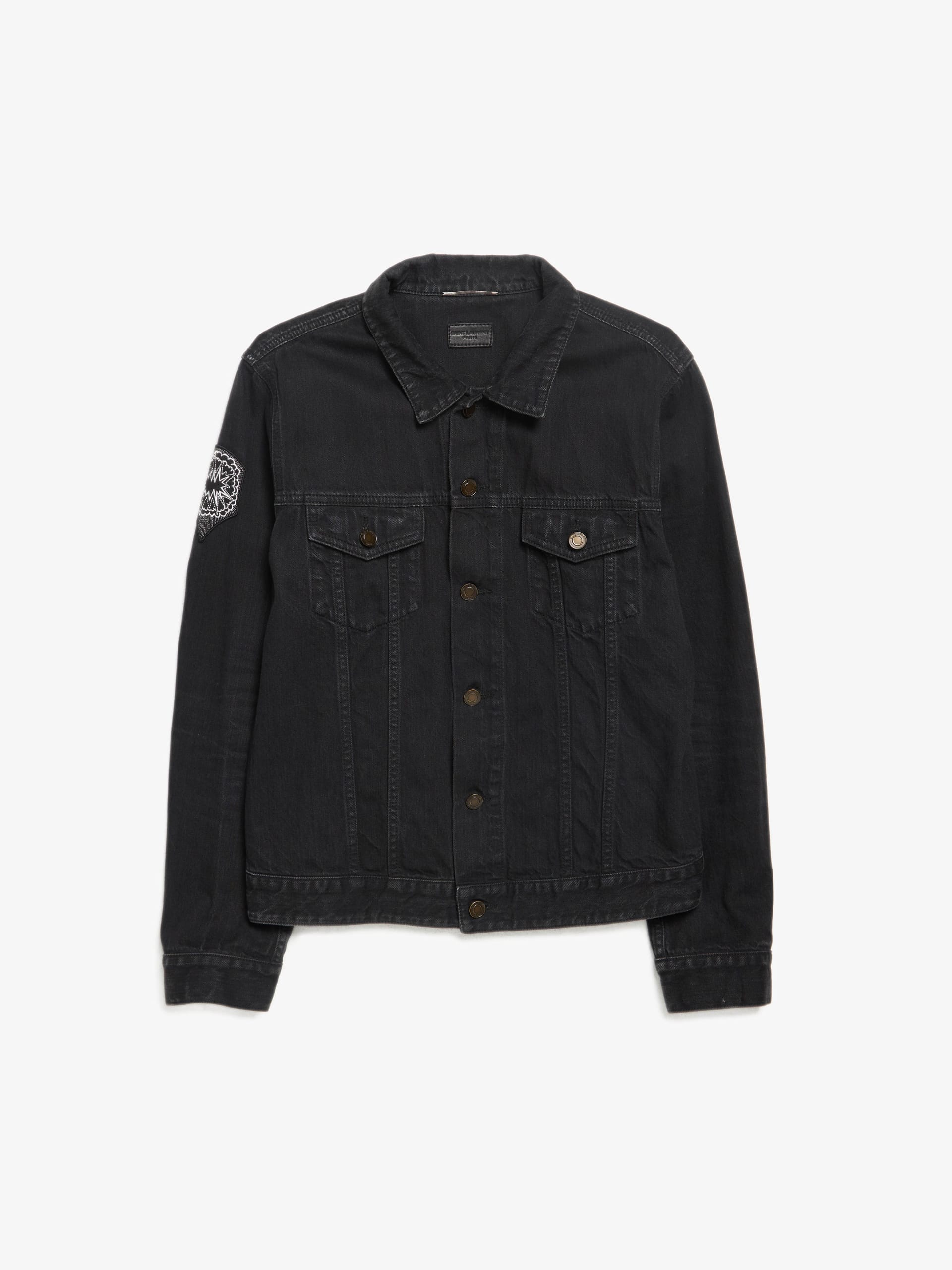 Saint Laurent Paris Black Washed Patch Sleeve Cotton Denim Jacket