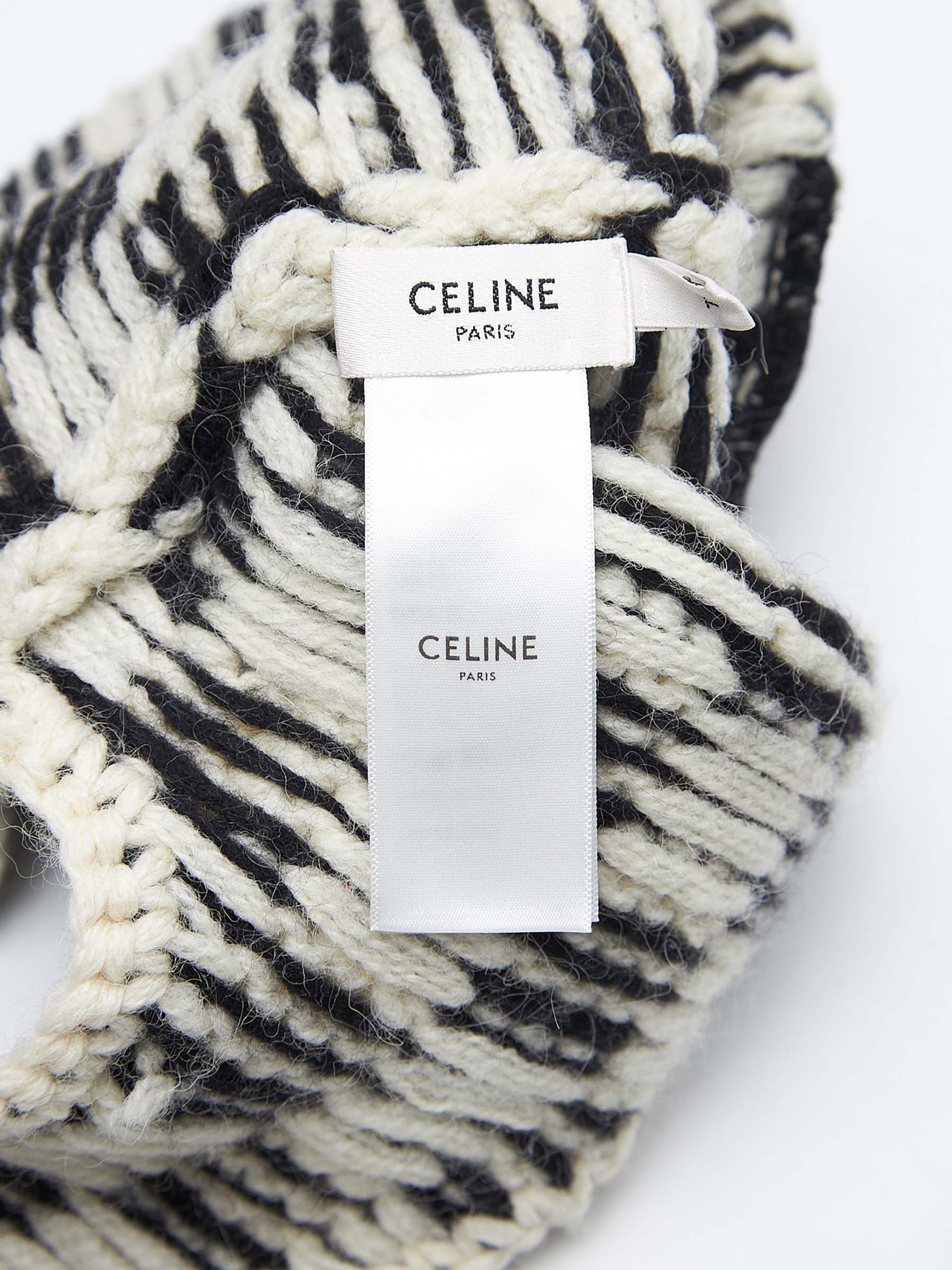 Celine Paris Black White Logo Laine Knit Wool Embroidered Beanie Cap Winter  Hat