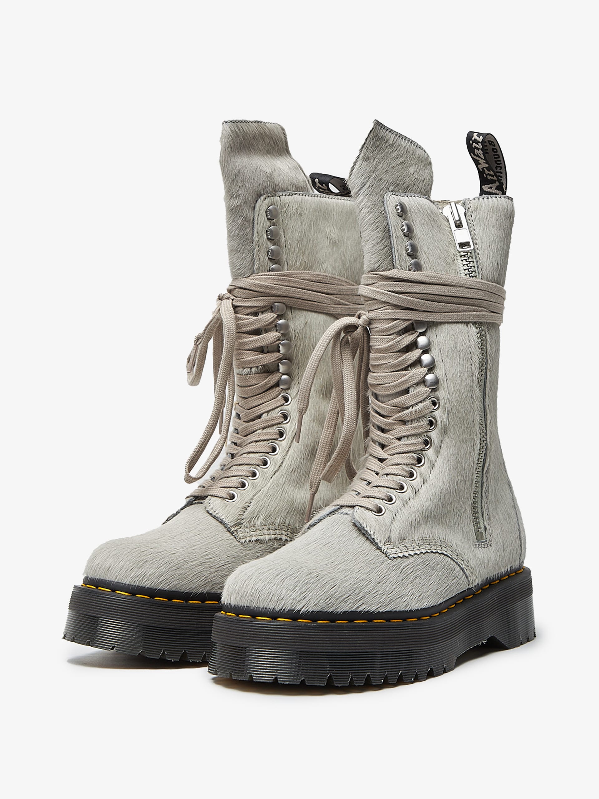 Rick Owens Light Gray Zipped Laces Leather Pony Hair High Boots
