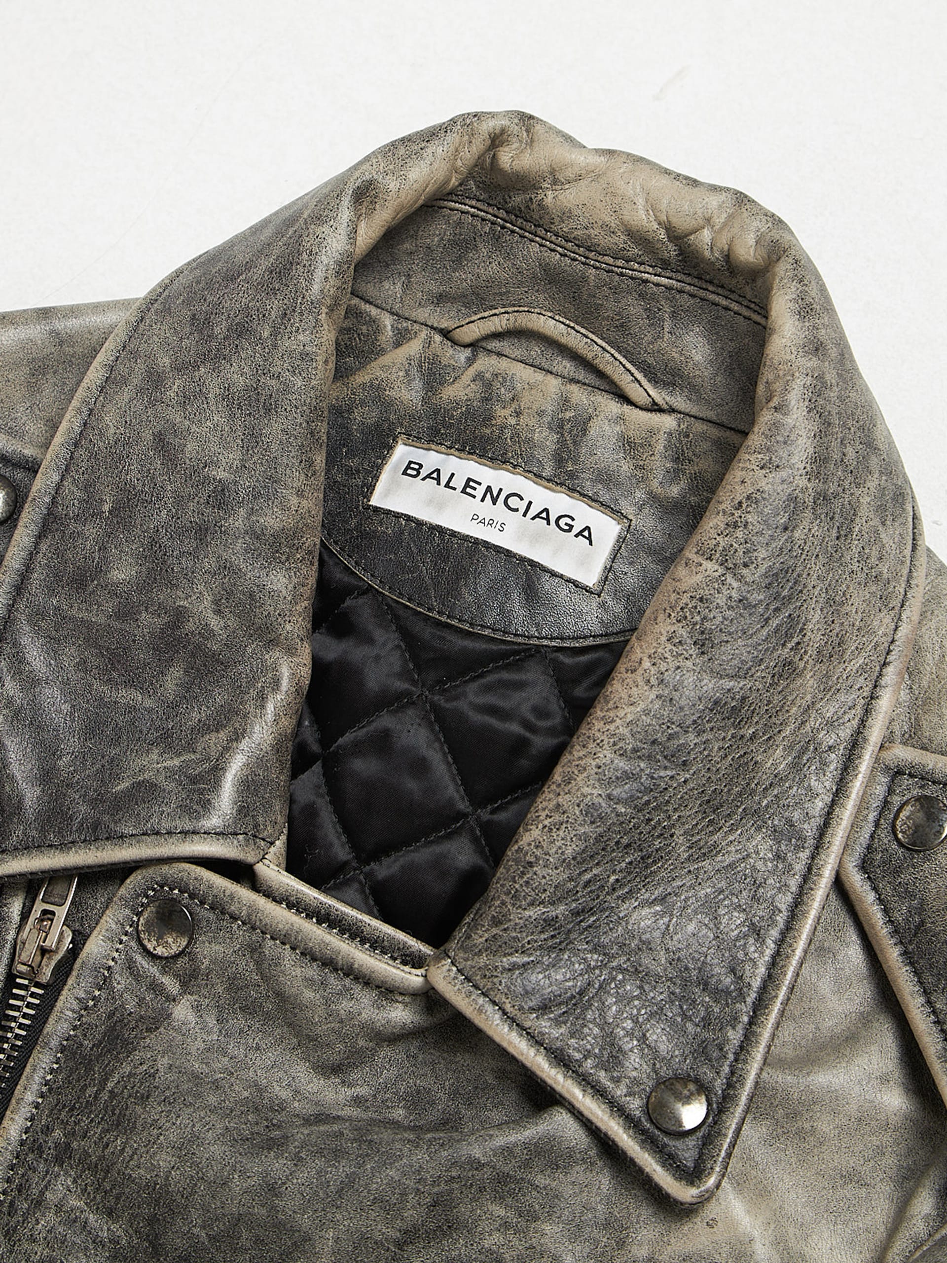 Balenciaga Gray Brown Washed Zip Detailed Leather Jacket