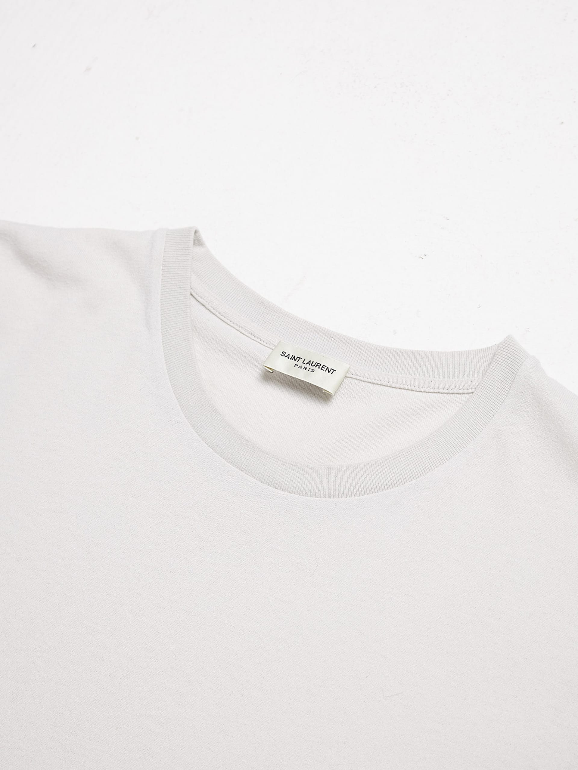 Saint Laurent Paris Off White Paint Splattered Logo Printed Cotton T Shirt
