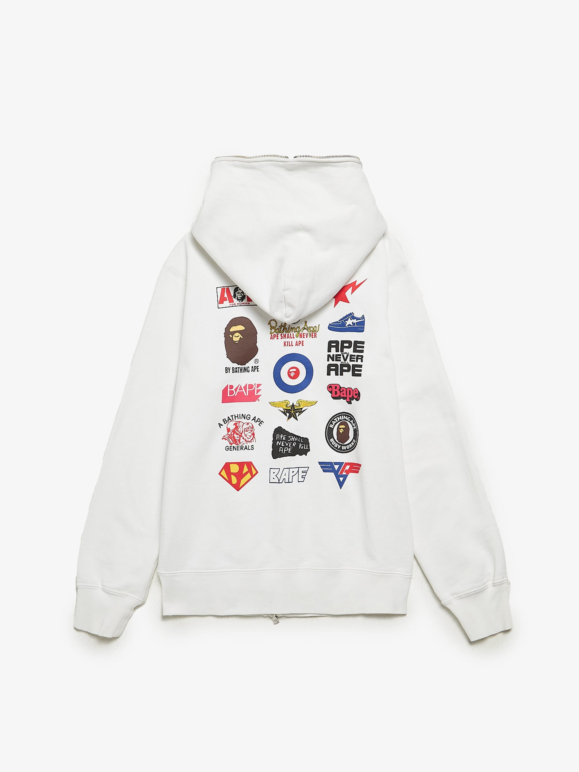 Bape White Full Zipped Back Multi Logo Printed Cotton Blend Zipped Hoodie