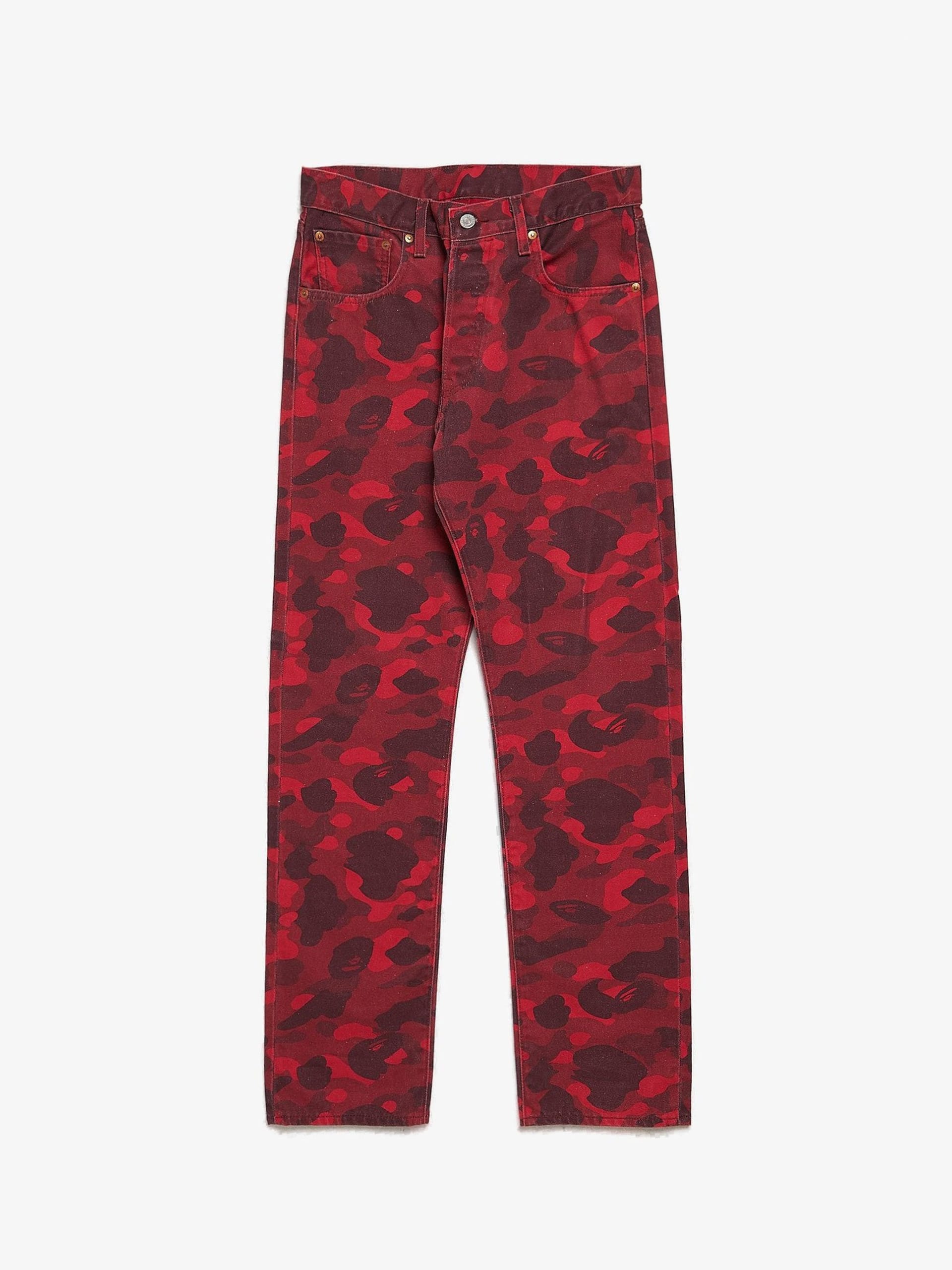 Bape Red Multi Logoed Camo Buttoned Cotton Jeans