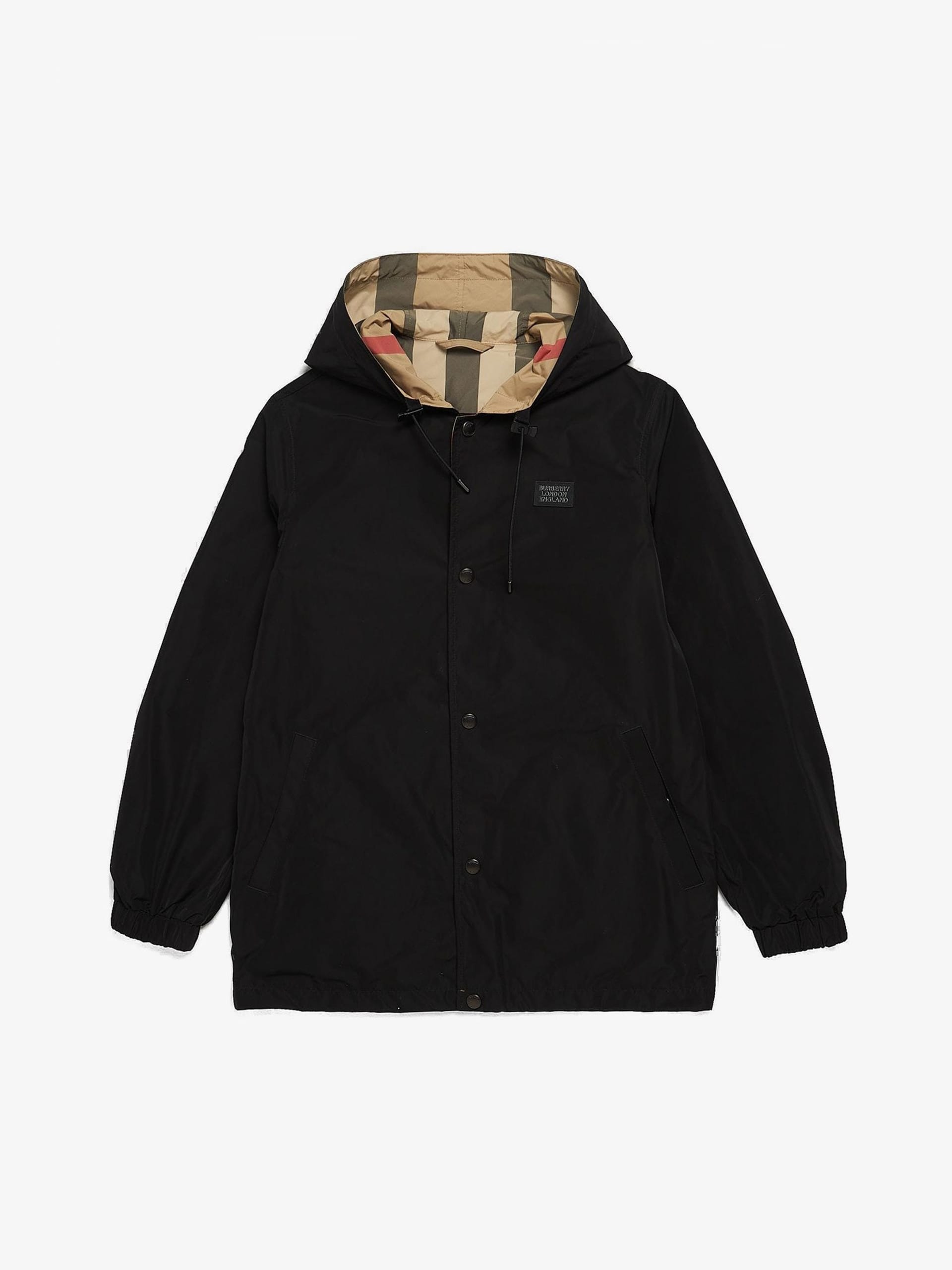 Burberry Black Logo Patched Hooded Polyester Windbreaker Jacket