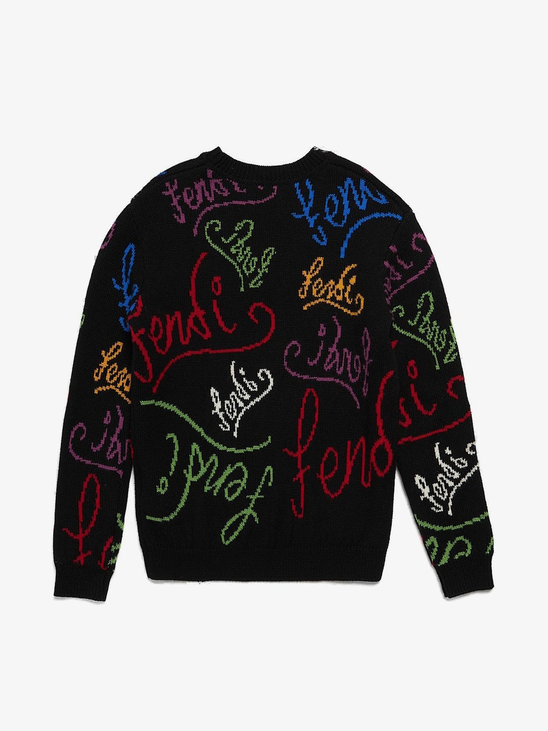 Fendi Black Multicolor Logo Printed Wool Sweater