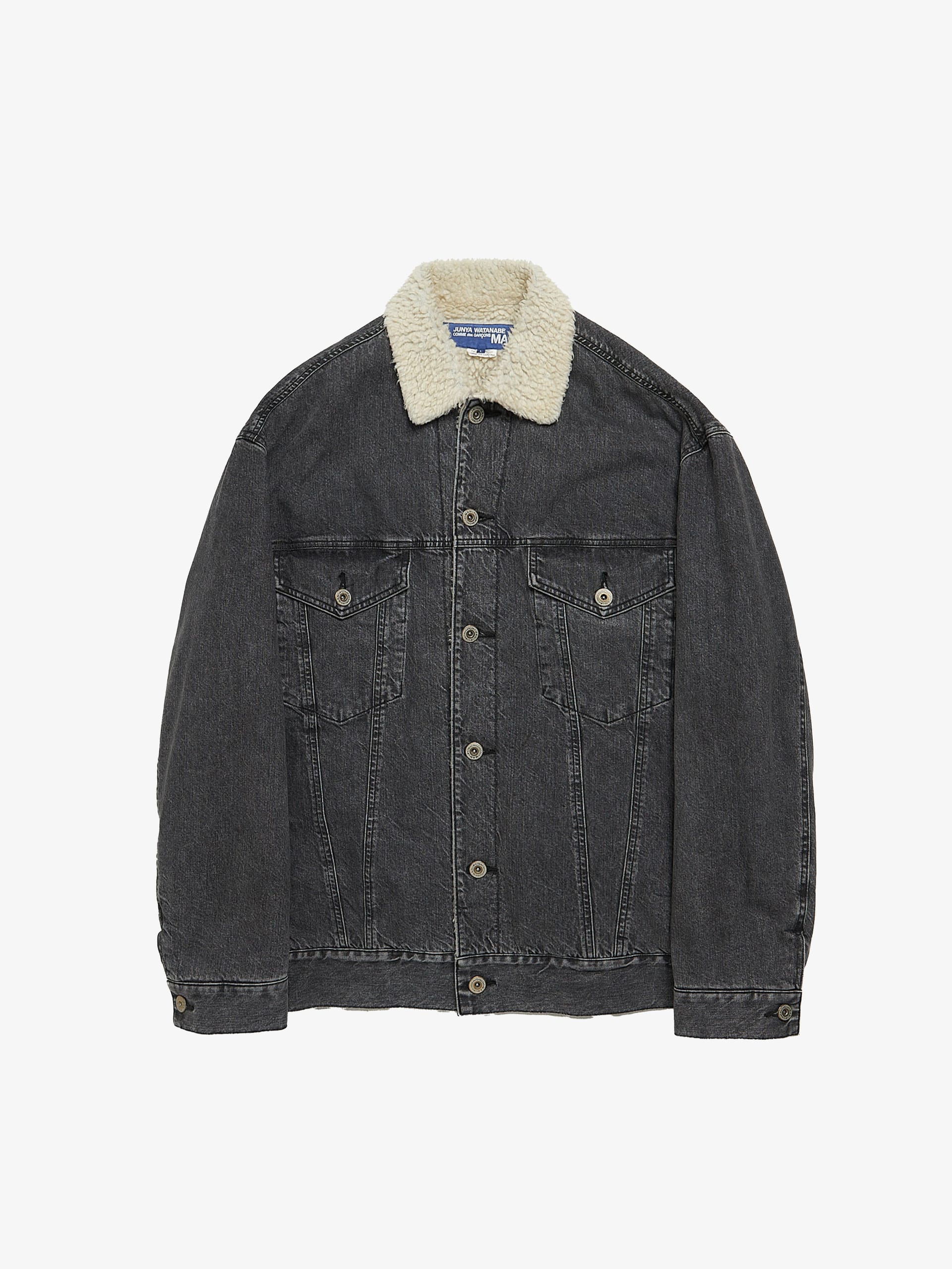 Comme Des Garcons Junya Watanabe Gray Washed Back Writing Printed Faux Shearling Lining Cotton Denim Jacket