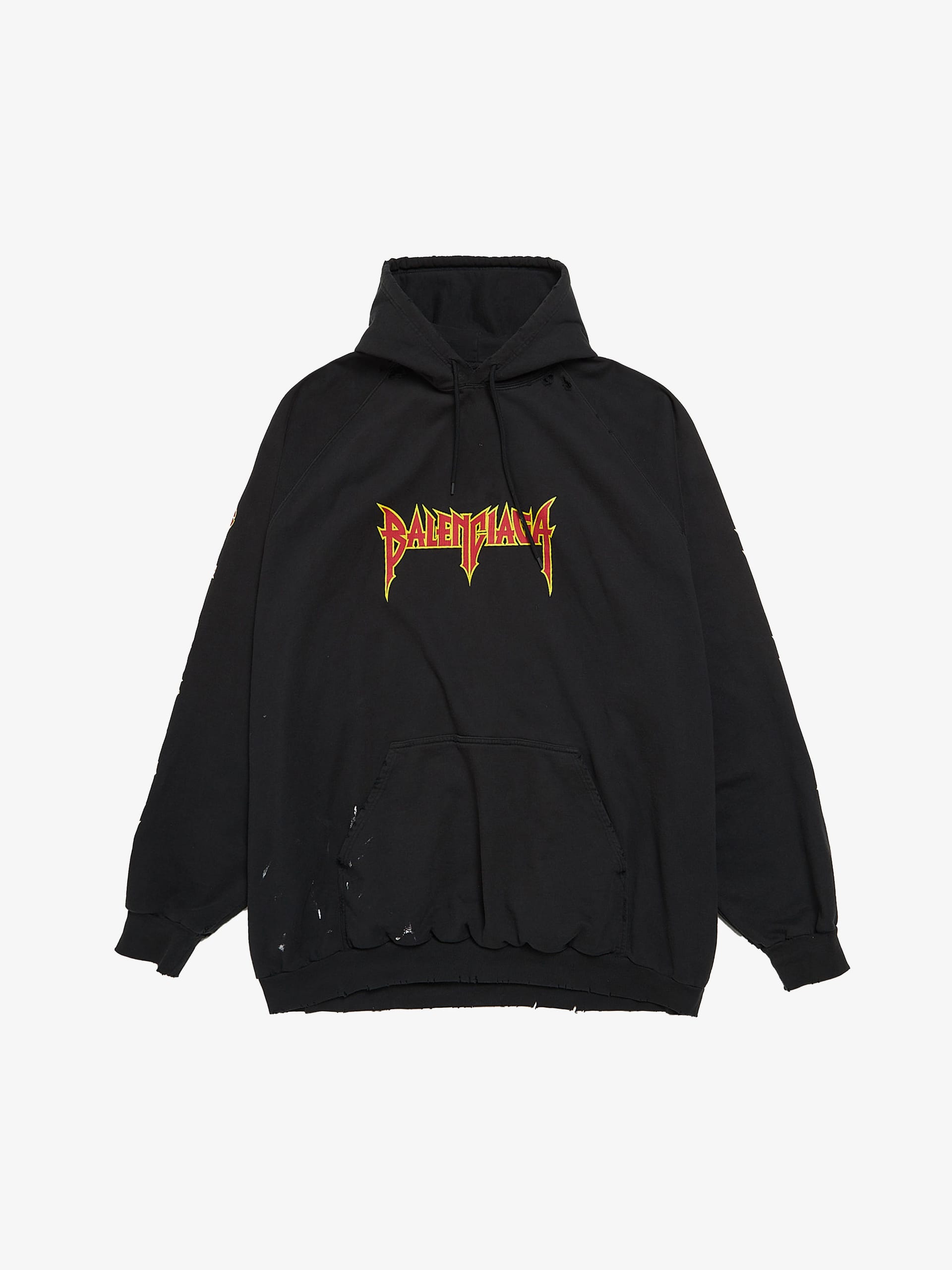 Balenciaga Black Distressed Metal Logo Printed Cotton Hoodie