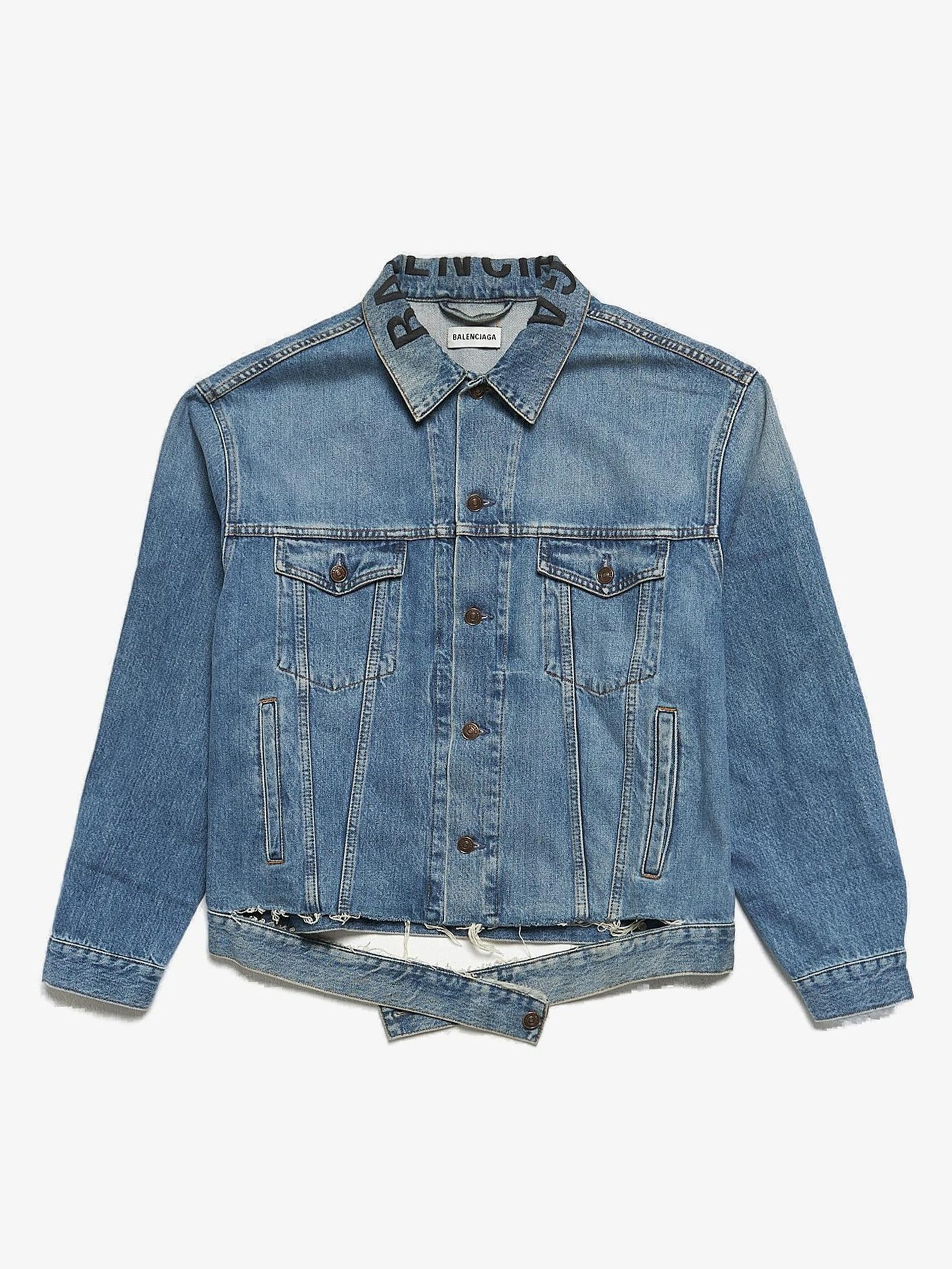 Balenciaga Blue Ripped Off Hem Collar Logo Embossed Cotton Denim Jacket