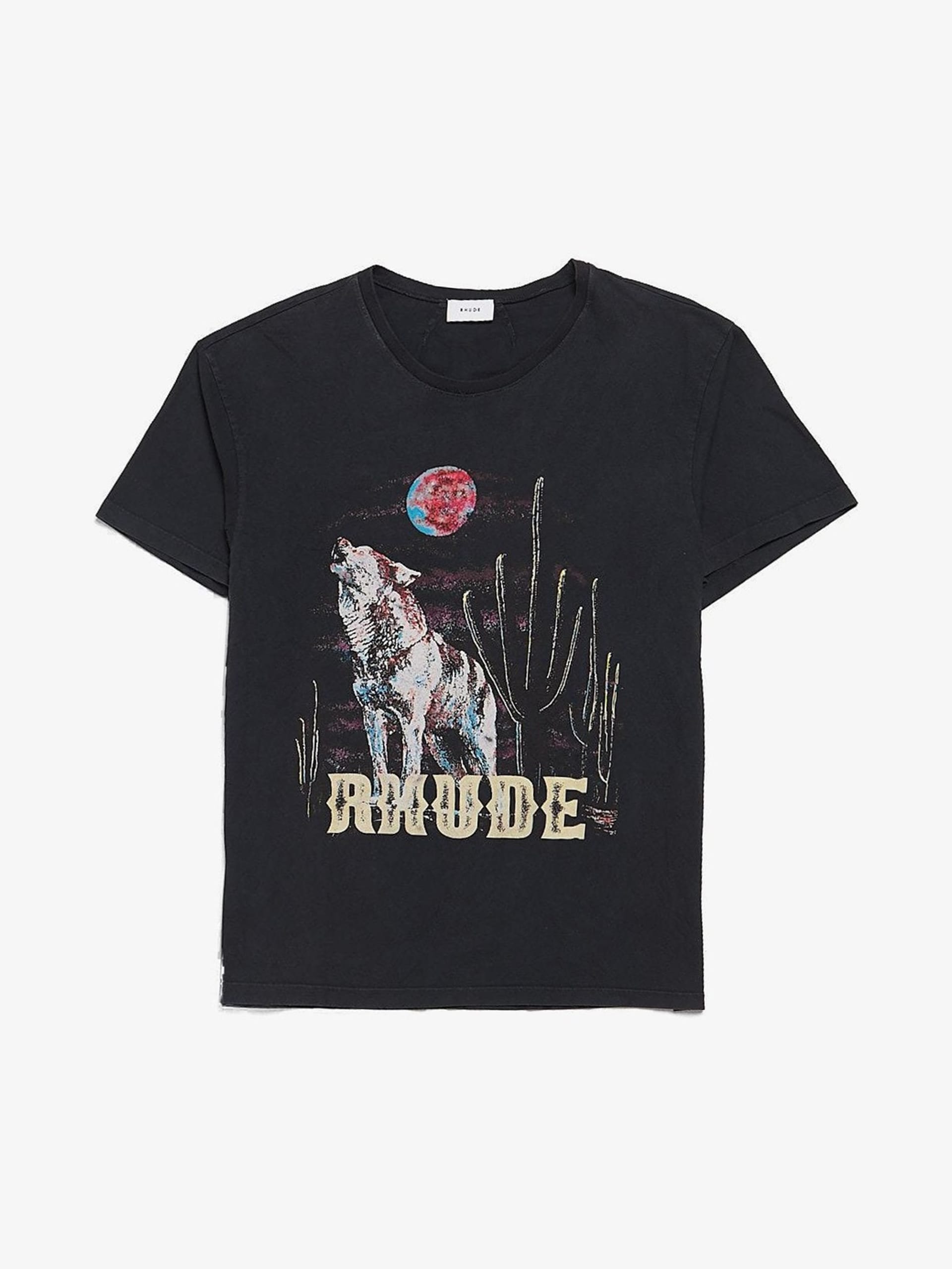 Rhude Navy Wolf Painting Printed Cotton T Shirt