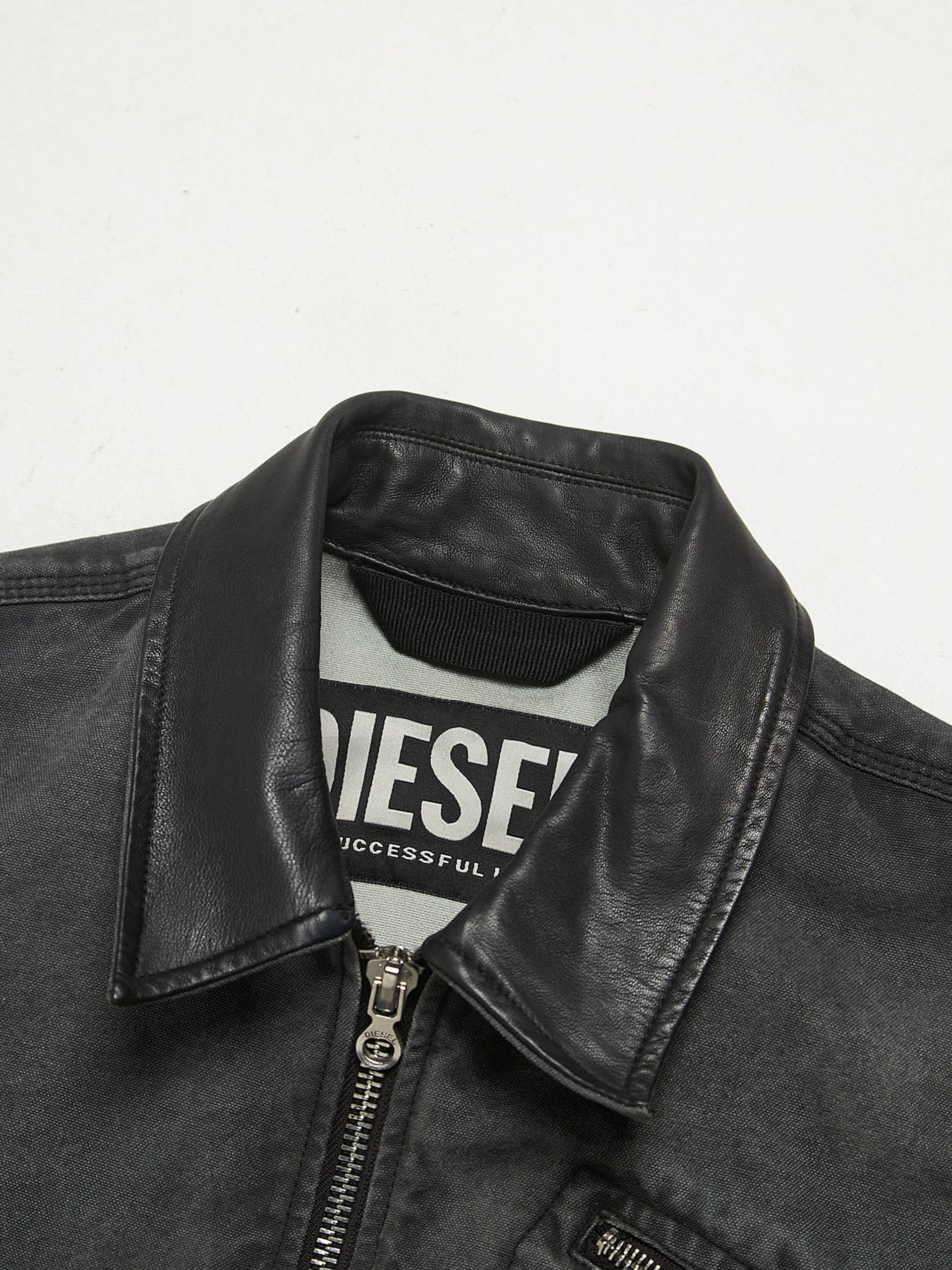 Diesel Gray Washed Leather Collar Zipped Denim Jacket