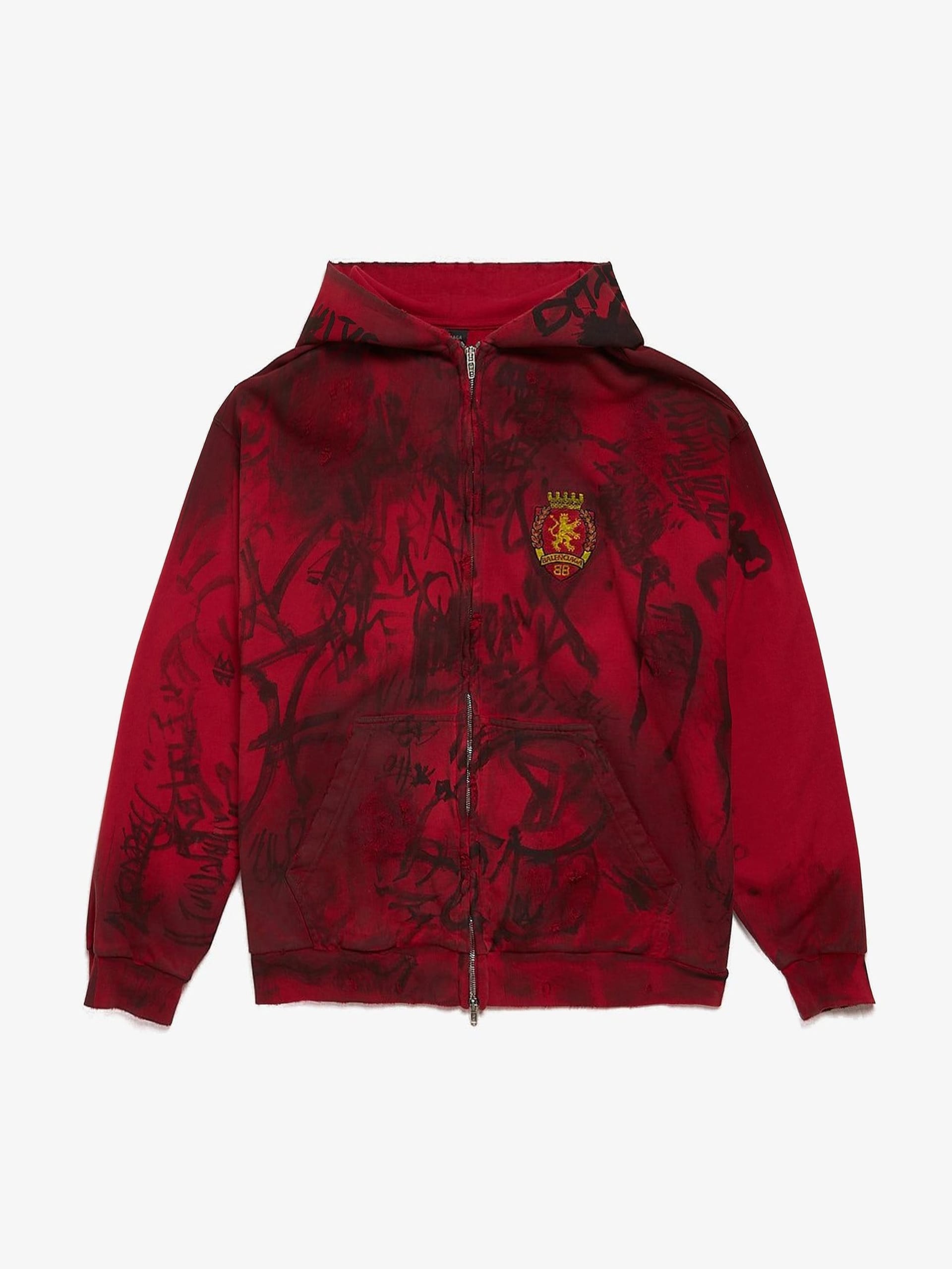 Balenciaga Red Graffiti Skater Zipped Cotton Hoodie