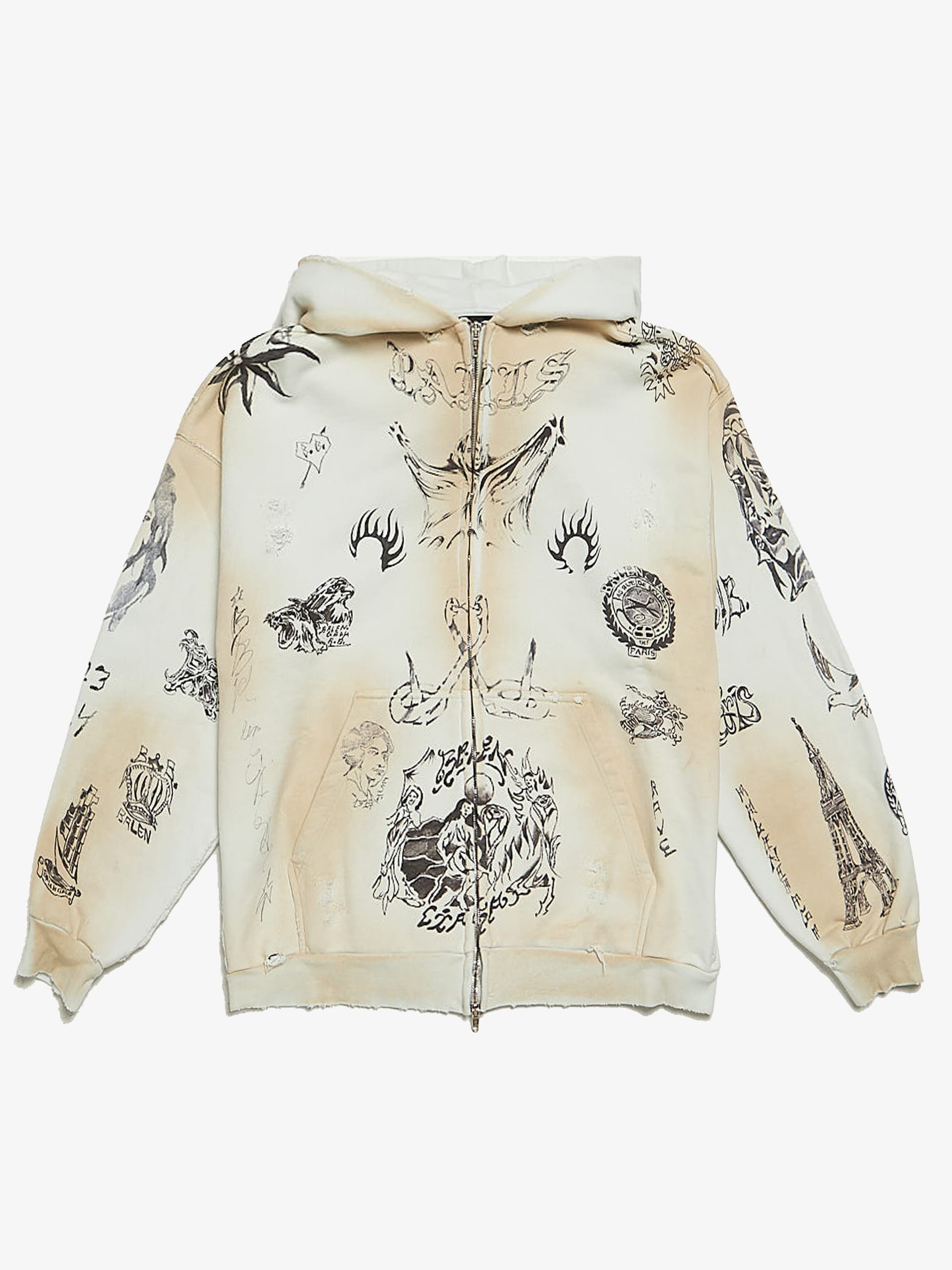 Balenciaga Dirty White Tattoo Zip Up Hoodie
