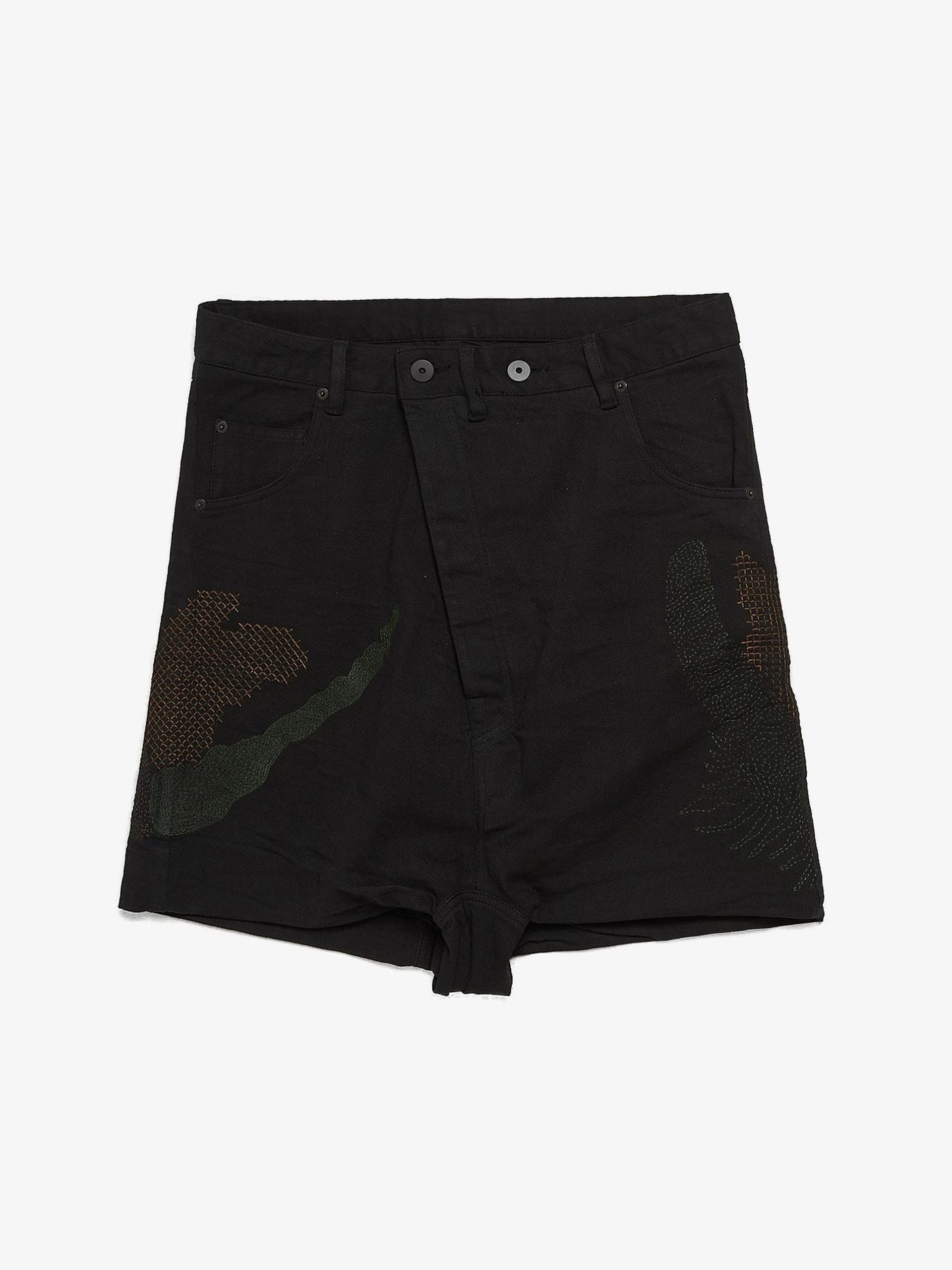 11 By Boris Bidjan Saberi Black Drop Crotch Abstract Embroidered Shorts