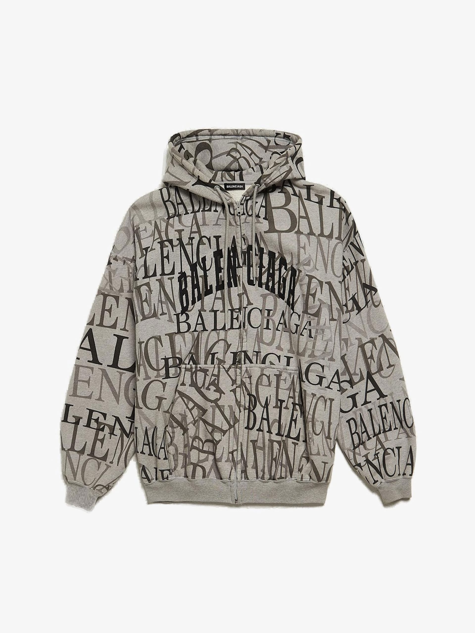 Balenciaga Gray All Over Type Logo Printed Zipped Cotton Hoodie
