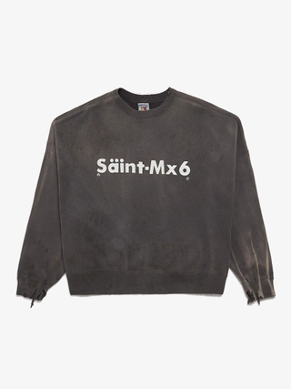 SAINT MICHAEL　 CRW N SWT MX6 Saint Michael Black Washed Chaos Logo Printed Cotton Sweatshirt