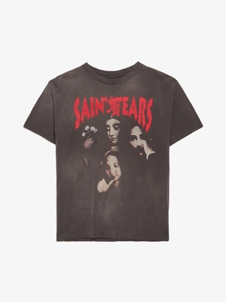Saint Michael Black Washed Logo Printed Cotton T-shirt