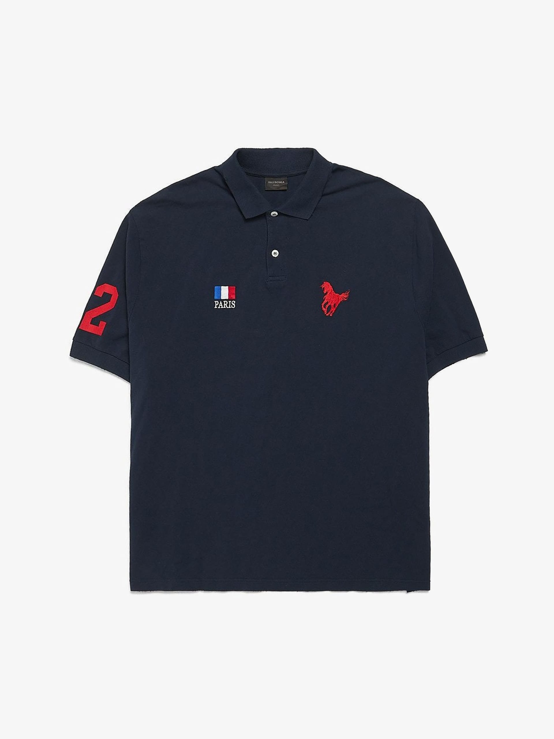 Balenciaga Navy Paris Logo Embroidered Cotton Polo