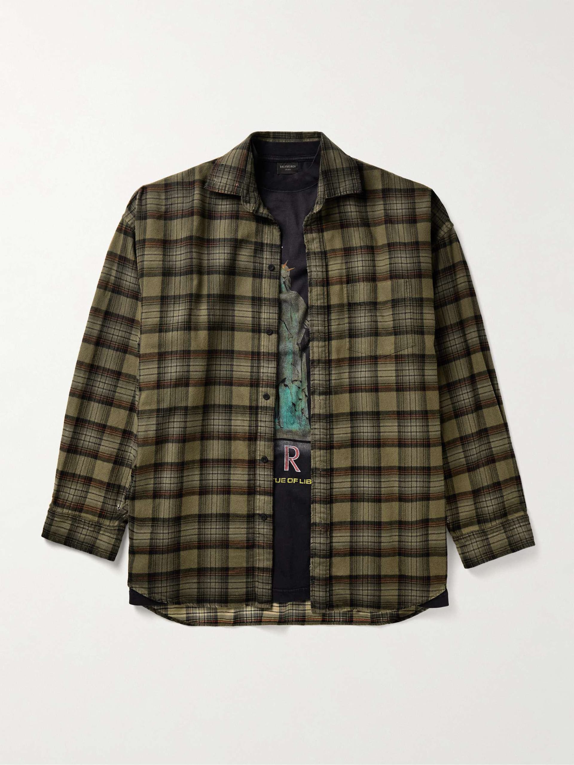 Balenciaga Oversized Layered Checked Cotton Flannel and Printed Jersey Shirt 000428